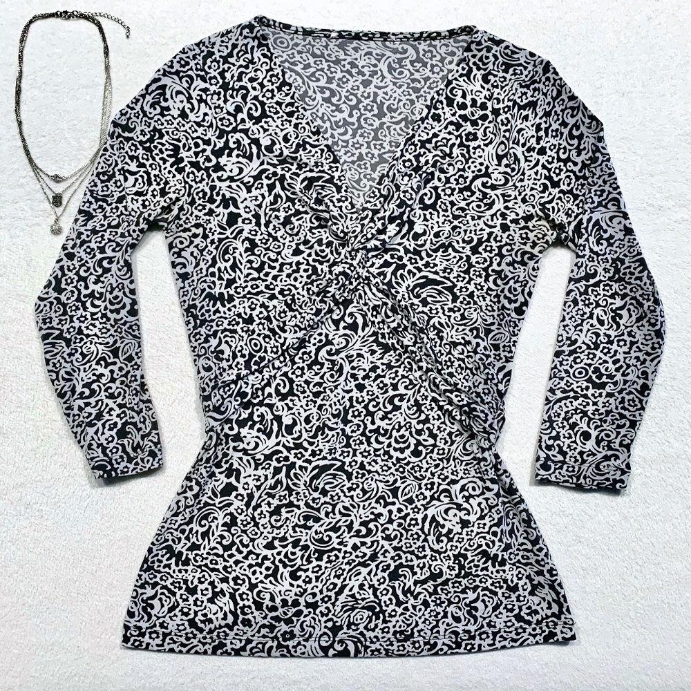 Dark blue & gray wrap blouse with tie back